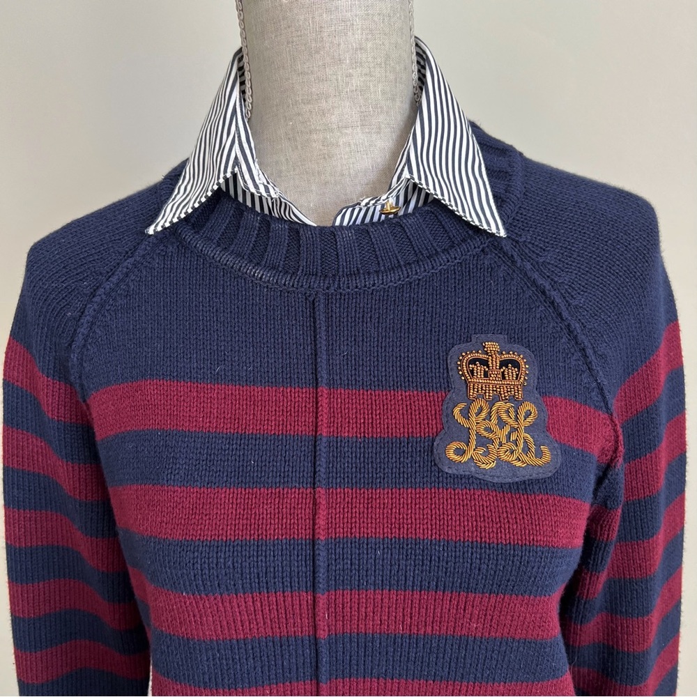 Lauren Ralph Lauren Bullion Crest Faux Layered Sweater Navy Red Stripe Medium - Picture 9 of 17